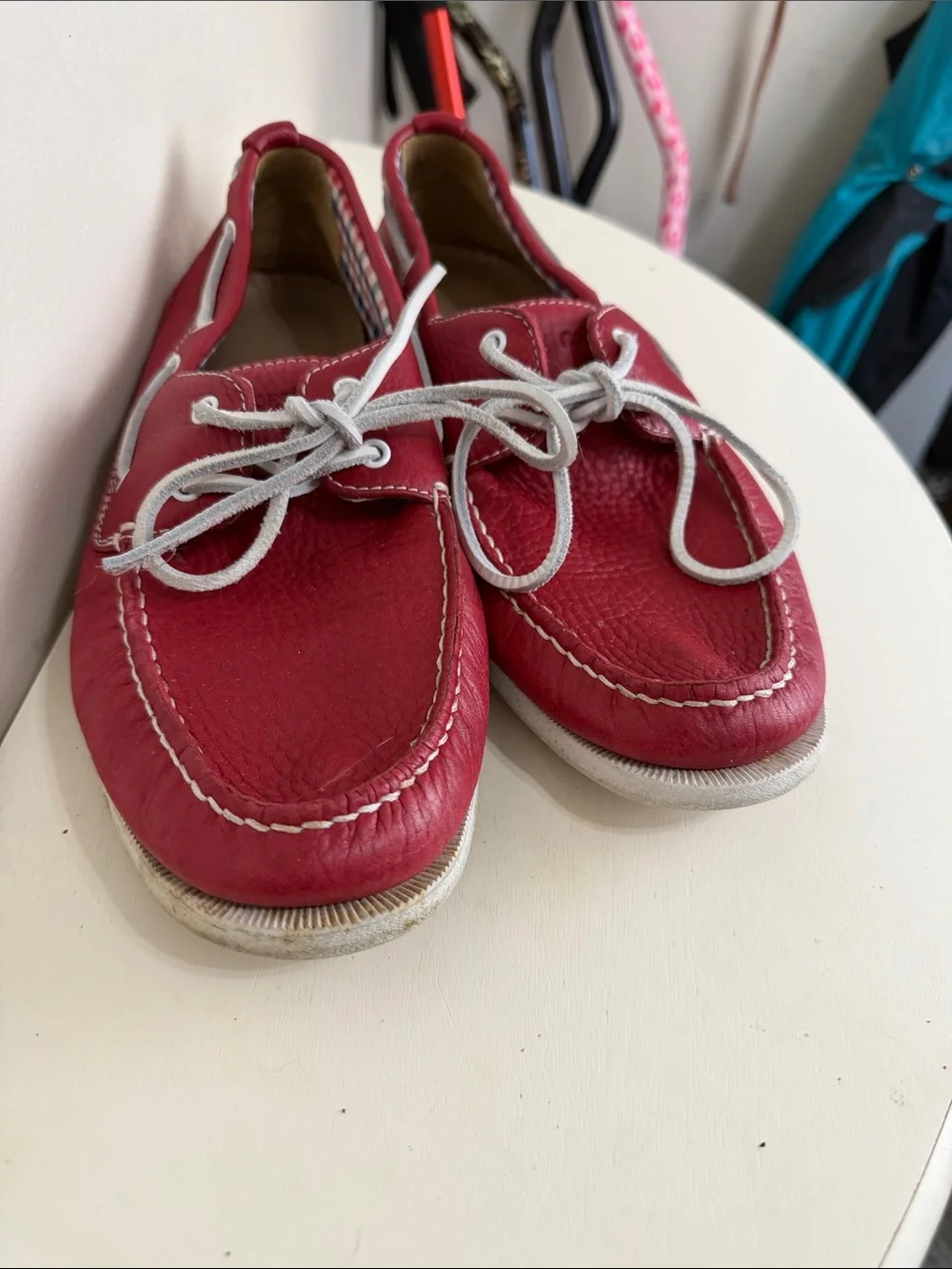 (2387) Rockport Men's Red Leather Boat Shoes - Casual Lace-Up, Size: 10